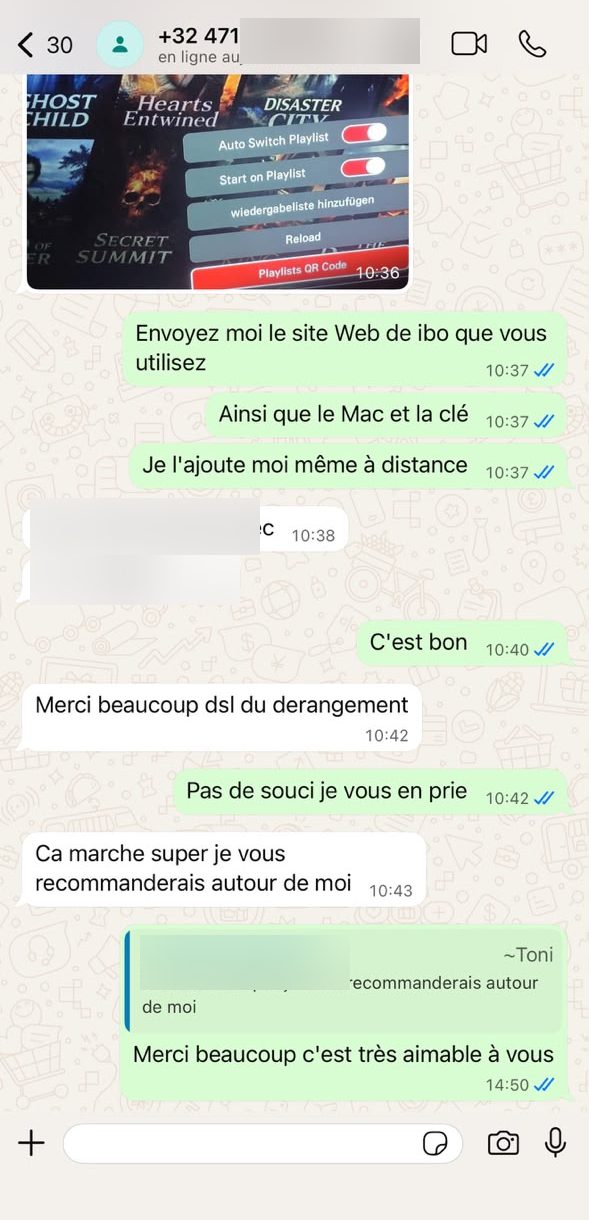Conversation WhatsApp client — 🇧🇪 Belgique · Setup IBO à distance