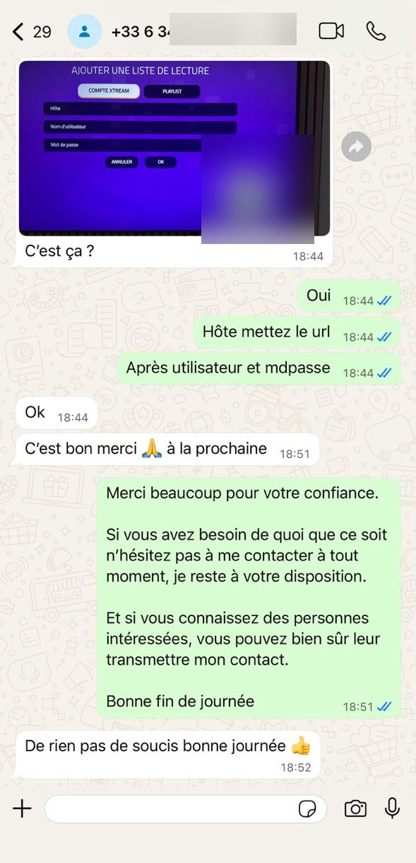 Conversation WhatsApp client — 🇫🇷 France · Config Xtream